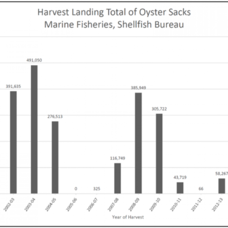 Mississippi Department of Marine Resources trends in state landings of oysters (sacks) throught 2017. Landing trends remained flat in 2018 and 2019.